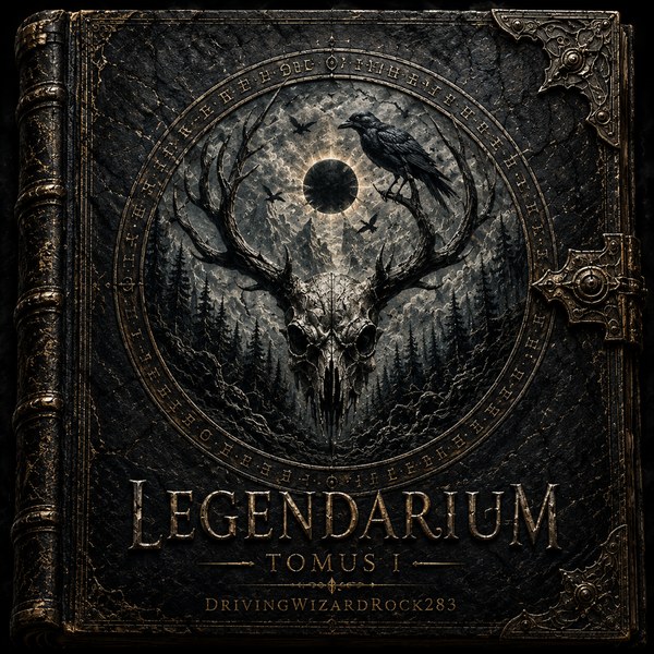 Legendarium: Tomus I cover art — a black leather grimoire embossed with a stag skull, raven, and eclipse